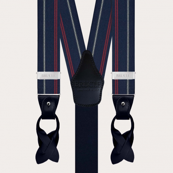 Blue silk suspenders with white and red stripes