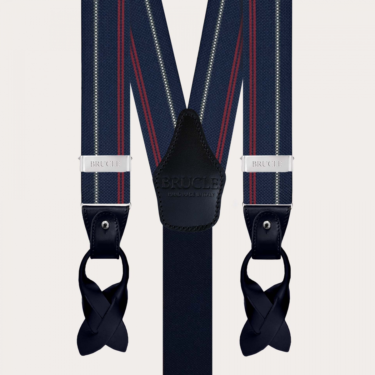 Blue silk suspenders with white and red stripes