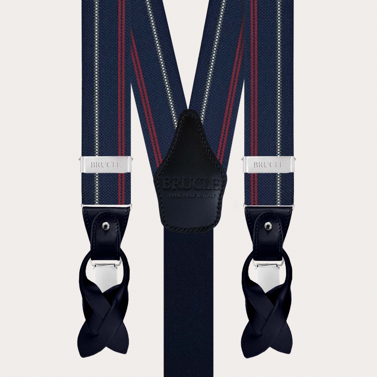 Blue silk suspenders with white and red stripes