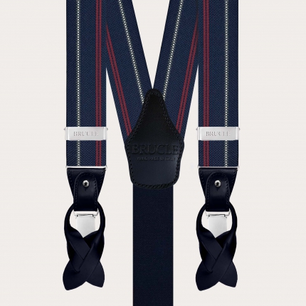 Blue silk suspenders with white and red stripes