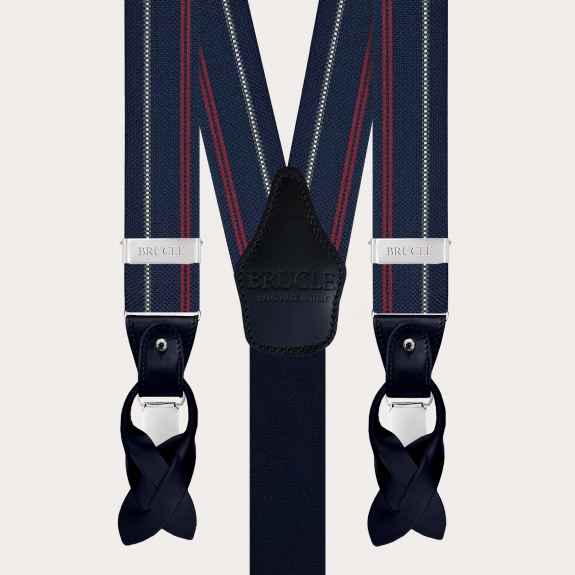 Blue silk suspenders with white and red stripes
