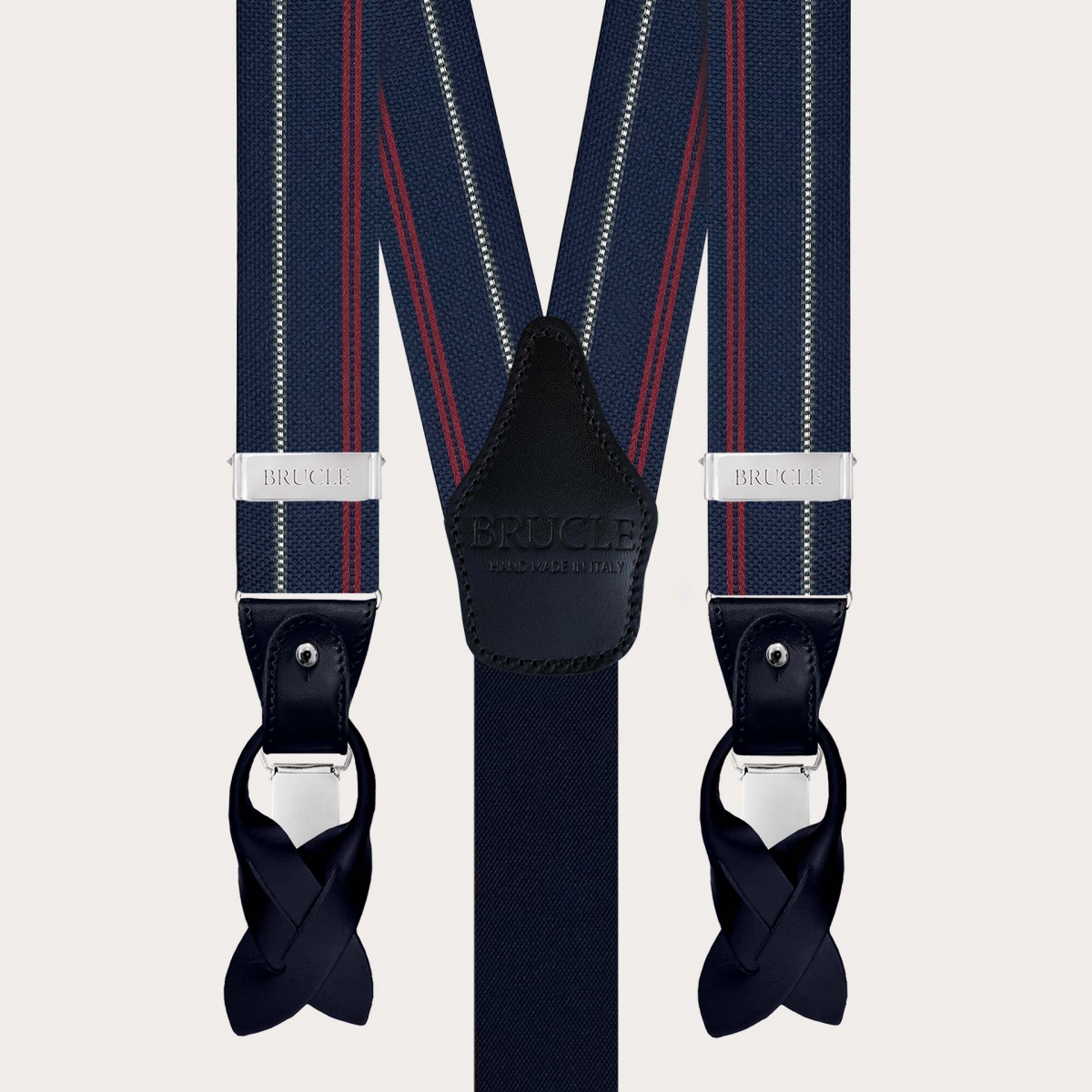 Blue silk suspenders with white and red stripes