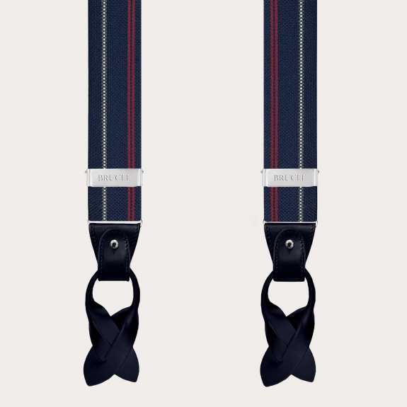 Blue silk suspenders with white and red stripes