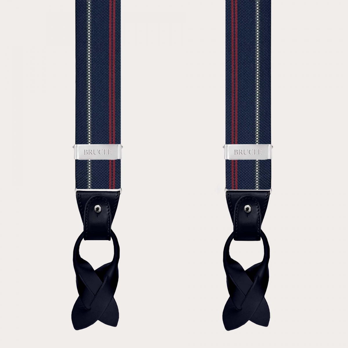 Blue silk suspenders with white and red stripes