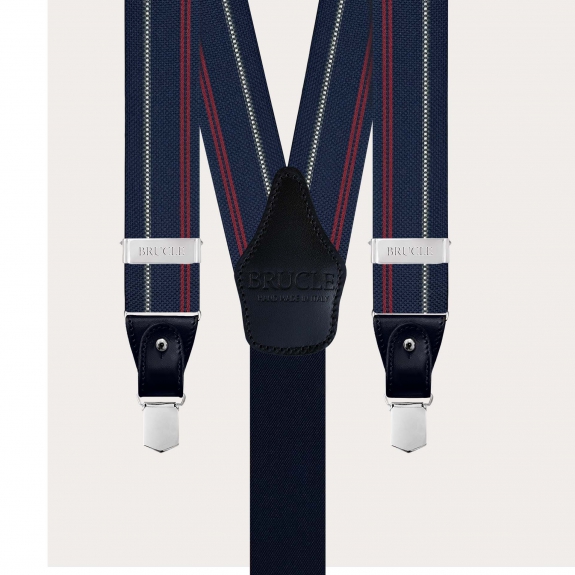 Blue silk suspenders with white and red stripes