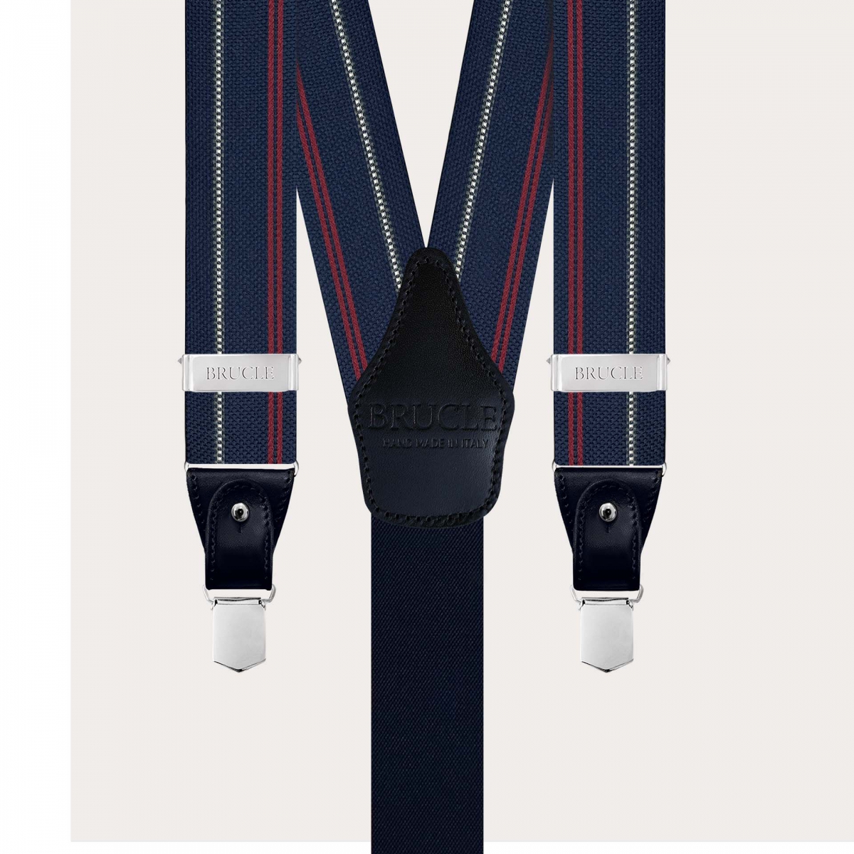 Blue silk suspenders with white and red stripes