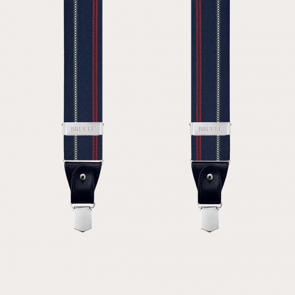 Blue silk suspenders with white and red stripes