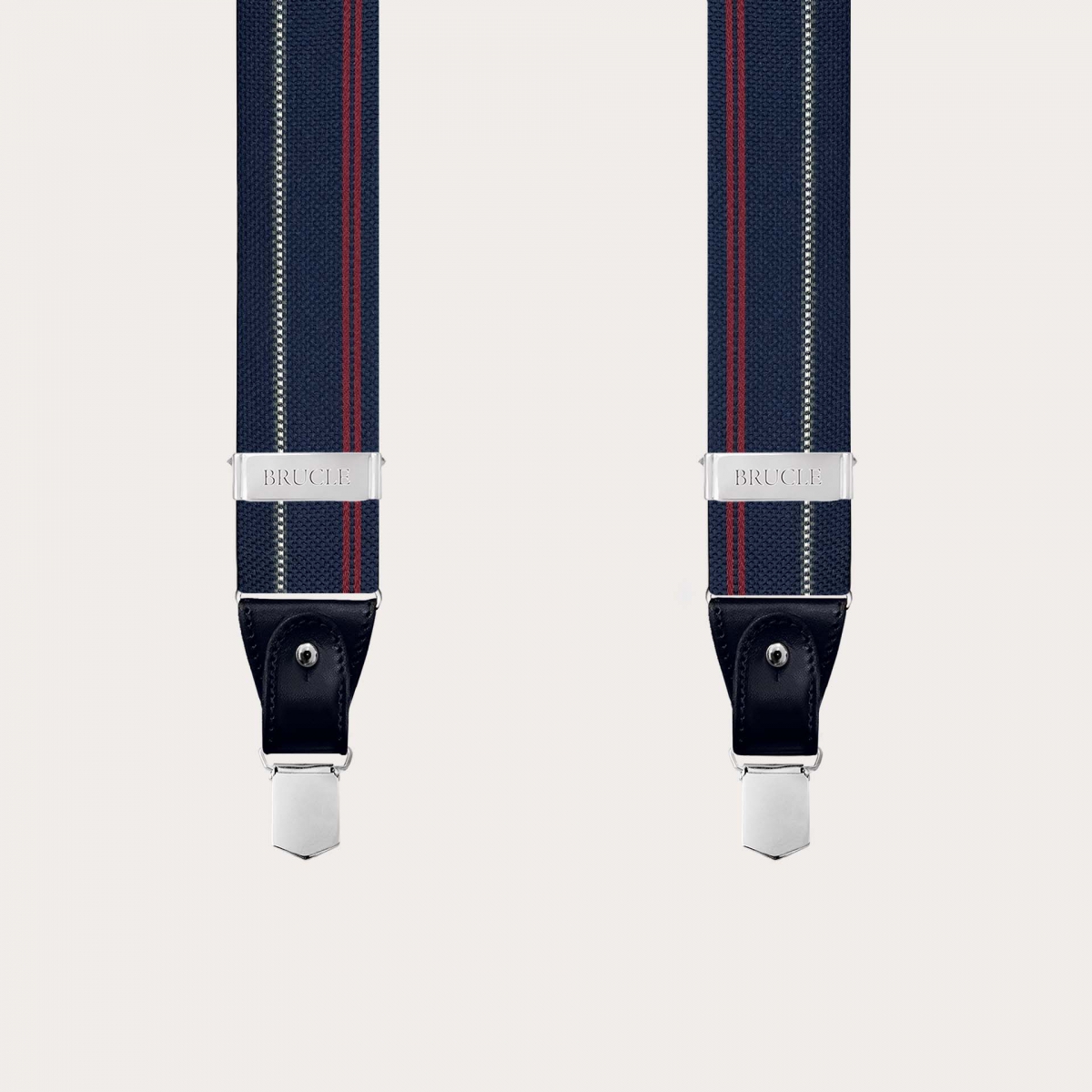 Blue silk suspenders with white and red stripes