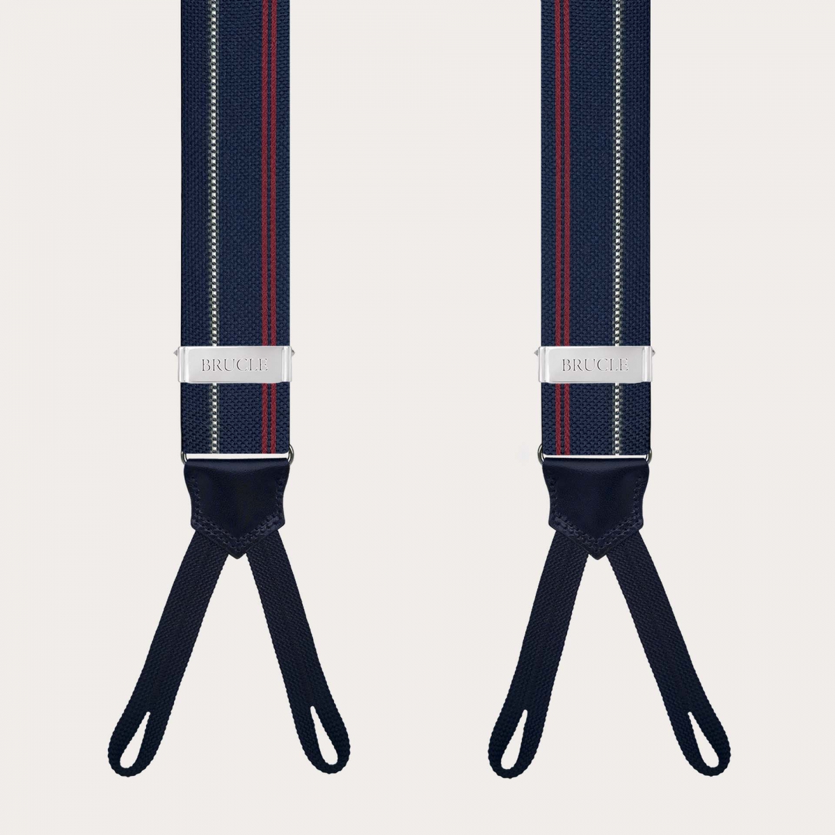 Blue striped silk suspenders with button loops