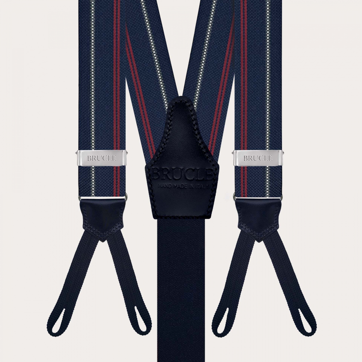 Blue striped silk suspenders with button loops