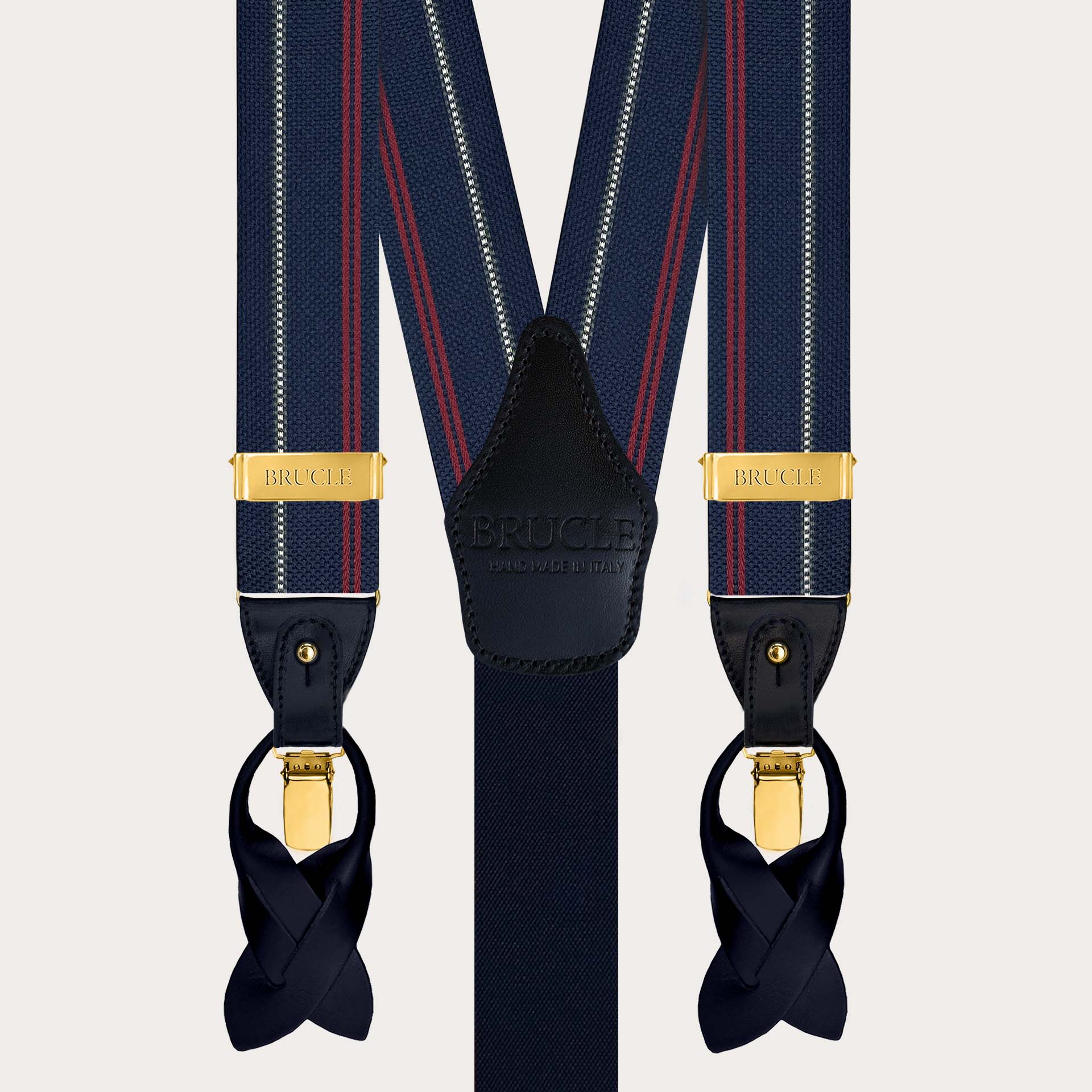 Men’s blue striped silk suspenders with gold clips
