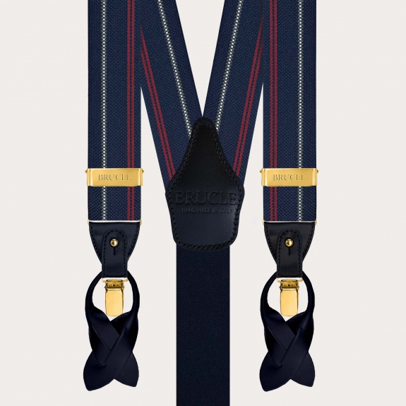 Bretelle uomo in seta blu a righe con clip oro