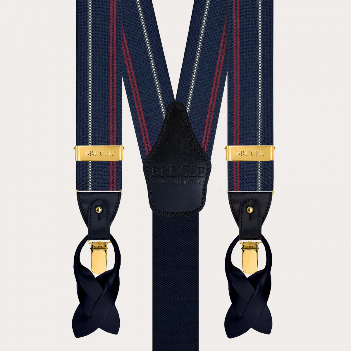 Bretelle uomo in seta blu a righe con clip oro