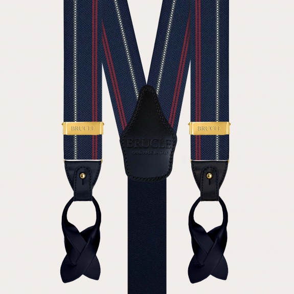 Men’s blue striped silk suspenders with gold clips