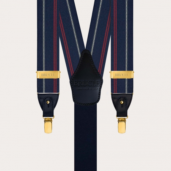 Bretelle uomo in seta blu a righe con clip oro