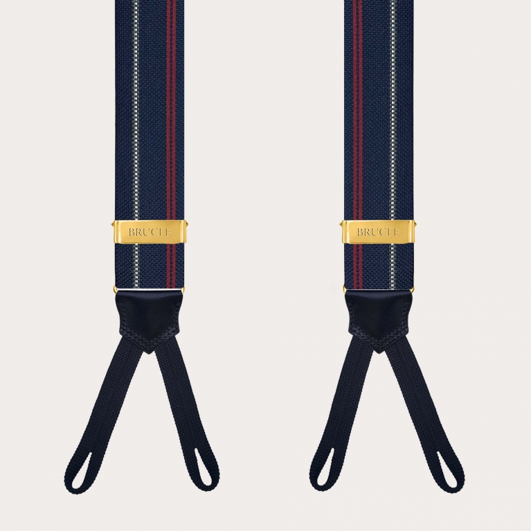 Bretelles en soie bleue à rayures avec passants pour boutons et éléments métalliques dorés