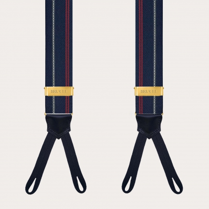 Bretelles en soie bleue à rayures avec passants pour boutons et éléments métalliques dorés