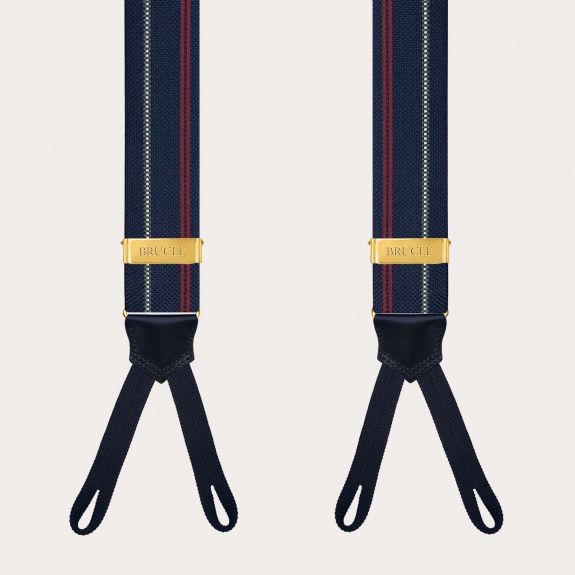 Blue striped silk suspenders with button loops and gold metal parts