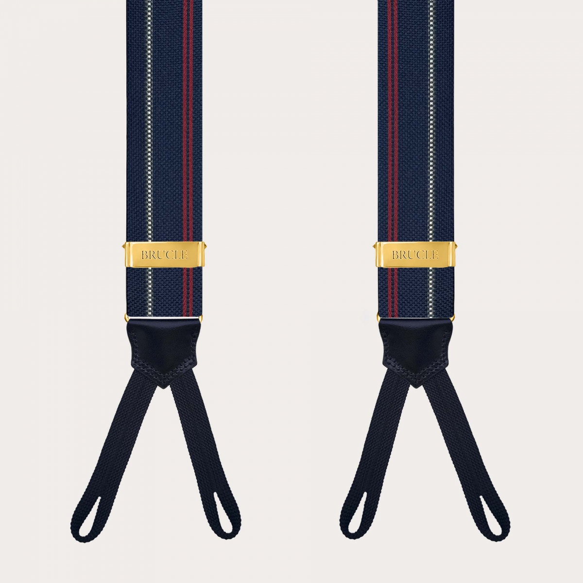 Blue striped silk suspenders with button loops and gold metal parts
