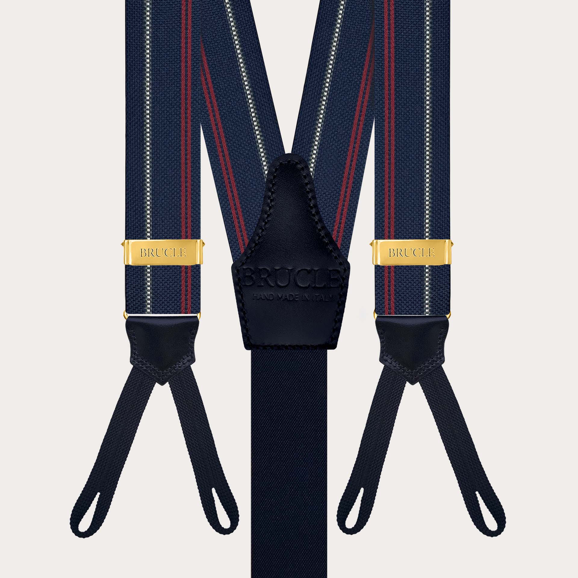 Blue striped silk suspenders with button loops and gold metal parts