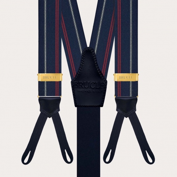 Blue striped silk suspenders with button loops and gold metal parts