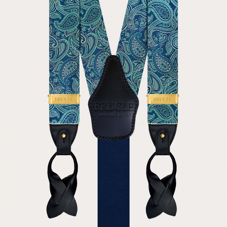 Eleganti bretelle in seta paisley verde clip oro e baffi per bottoni