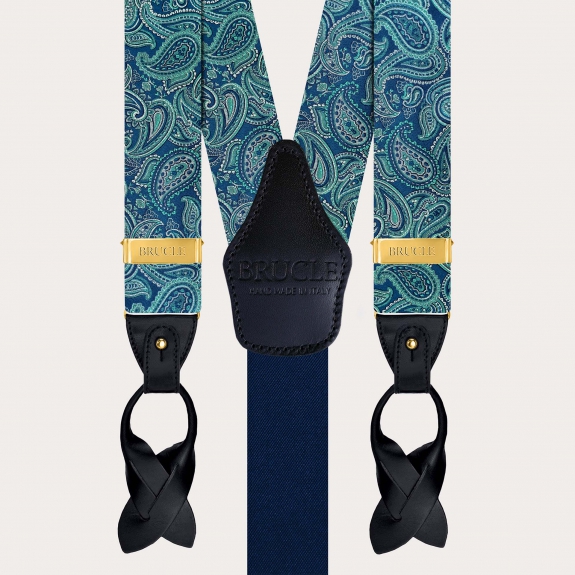 Elegant green paisley silk suspenders with gold clips and leather ends for buttons