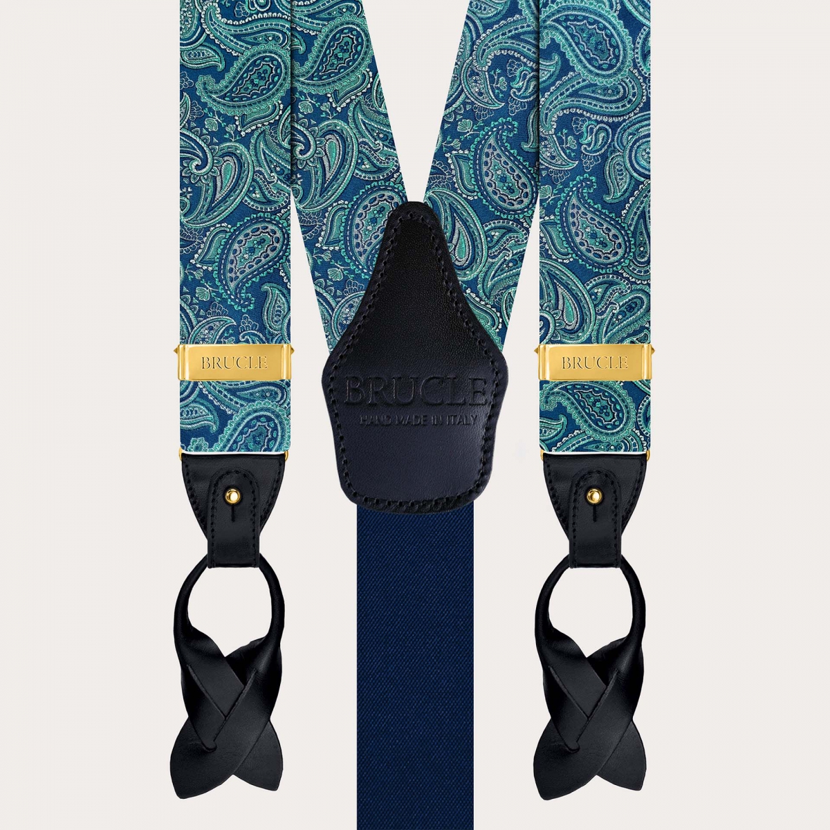 Elegante Hosenträger aus Seide mit grünem Paisley-Muster, goldenen Clips und Lederenden für Knöpfe