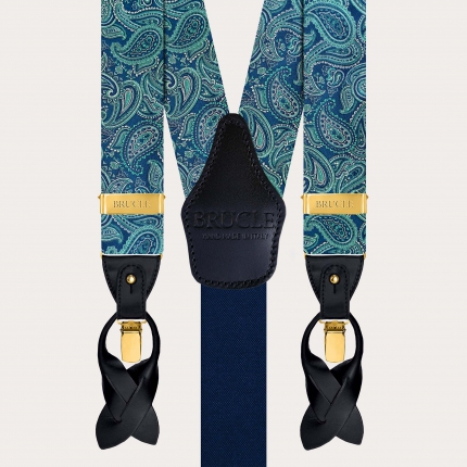 Elegante Hosenträger aus Seide mit grünem Paisley-Muster, goldenen Clips und Lederenden für Knöpfe
