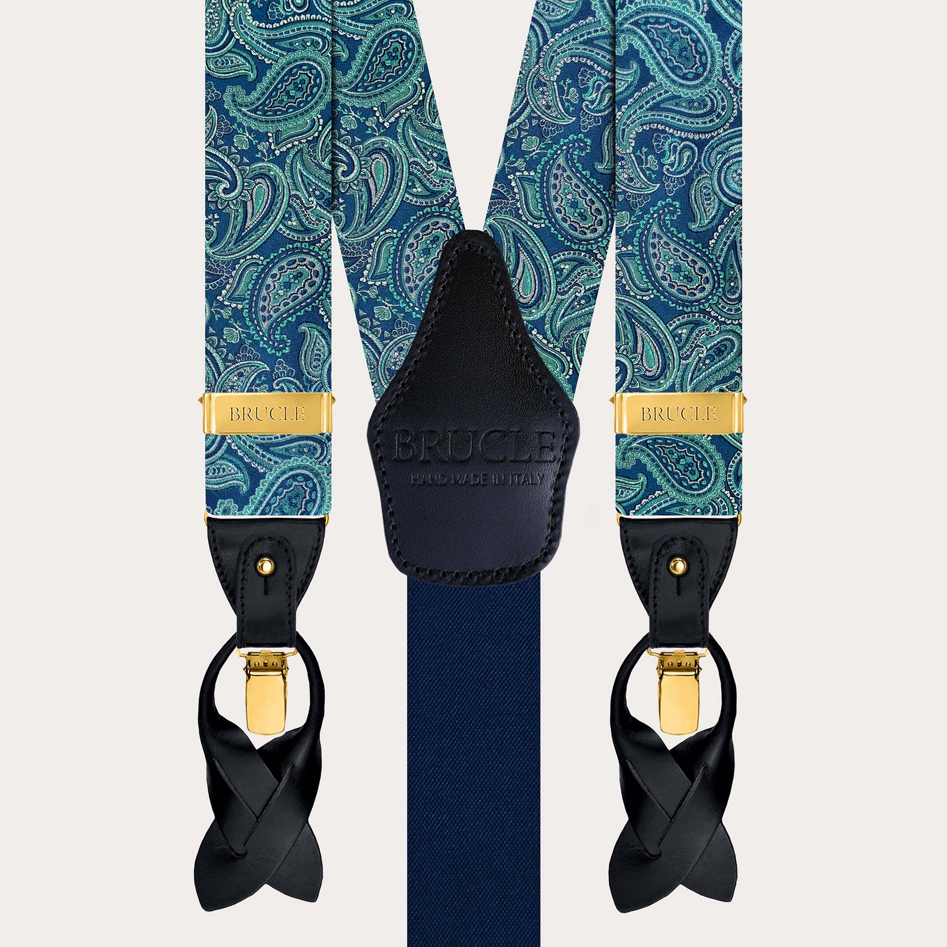 Elegante Hosenträger aus Seide mit grünem Paisley-Muster, goldenen Clips und Lederenden für Knöpfe