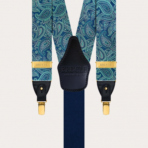 Eleganti bretelle in seta paisley verde clip oro e baffi per bottoni