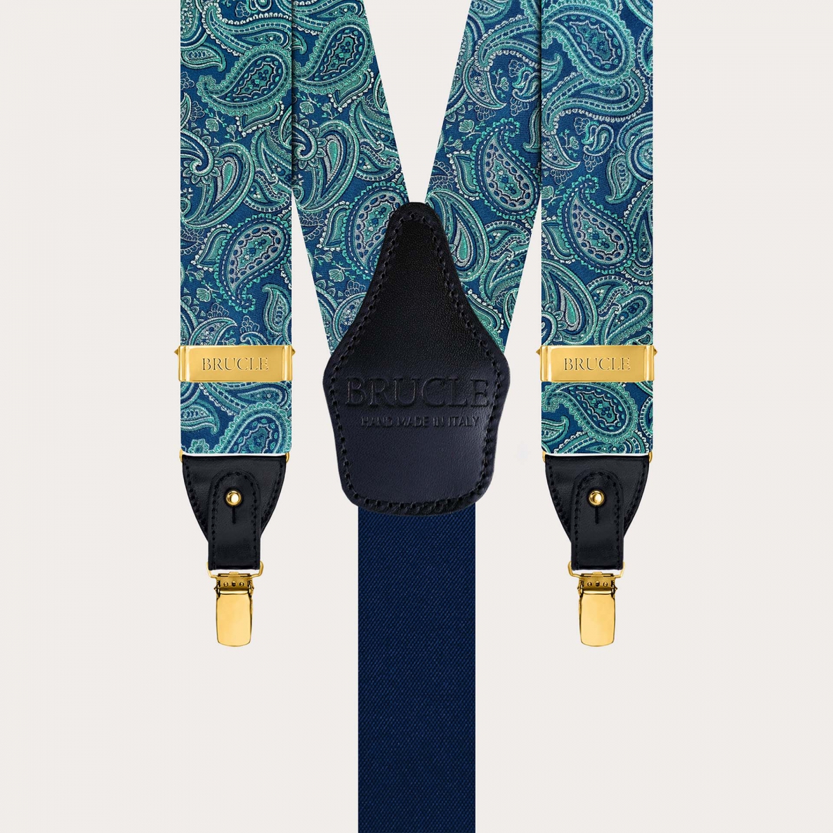 Eleganti bretelle in seta paisley verde clip oro e baffi per bottoni