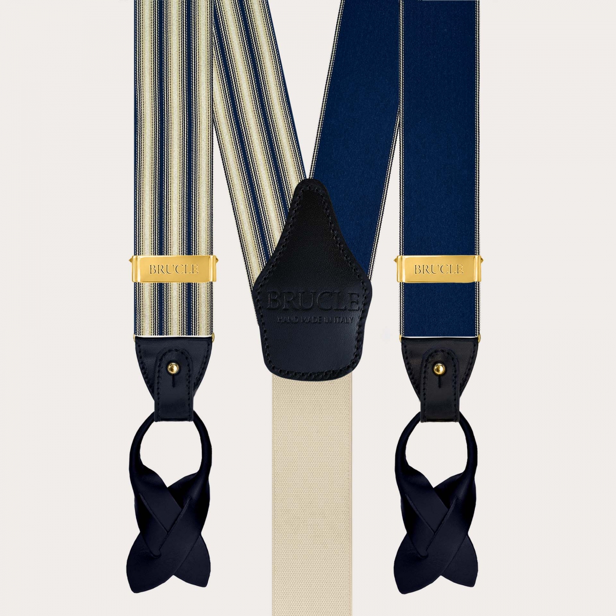 Men’s silk suspenders with blue and ivory stripes and gold clips