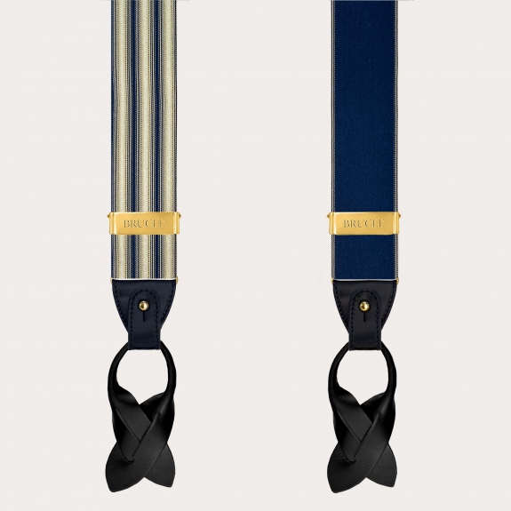 Bretelle uomo in seta a righe blu e avorio con clip oro