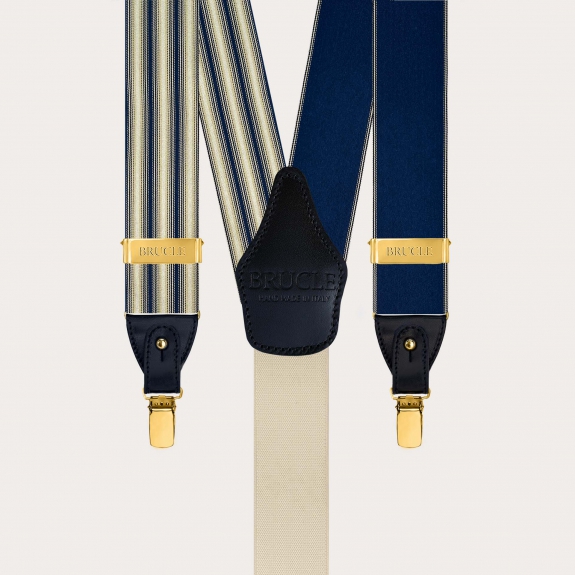 Men’s silk suspenders with blue and ivory stripes and gold clips