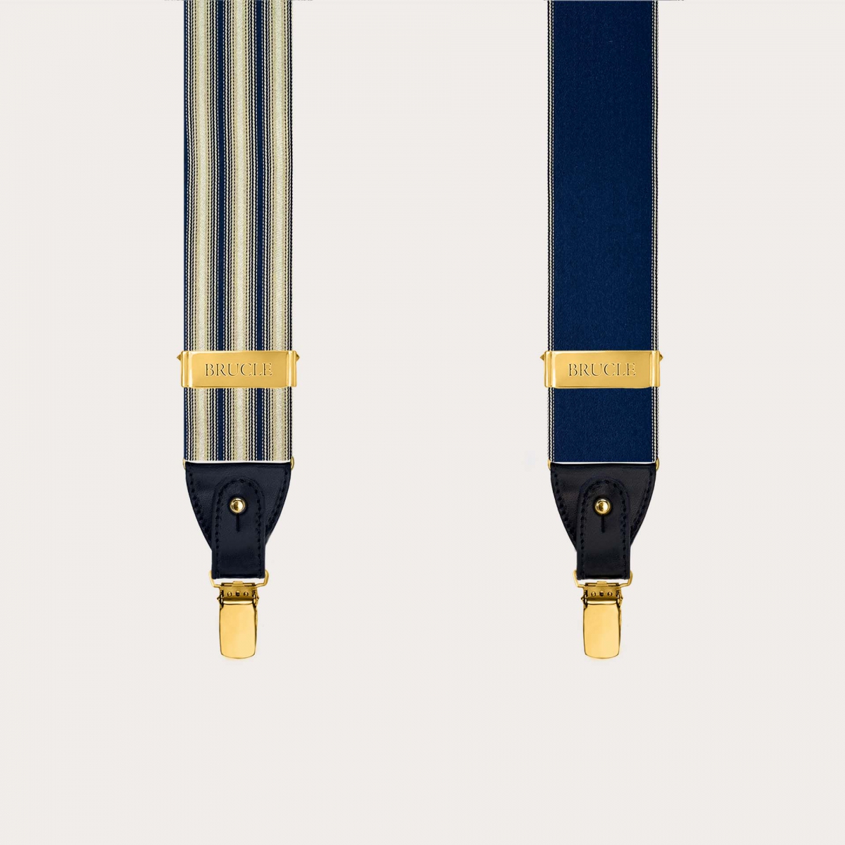 Men’s silk suspenders with blue and ivory stripes and gold clips