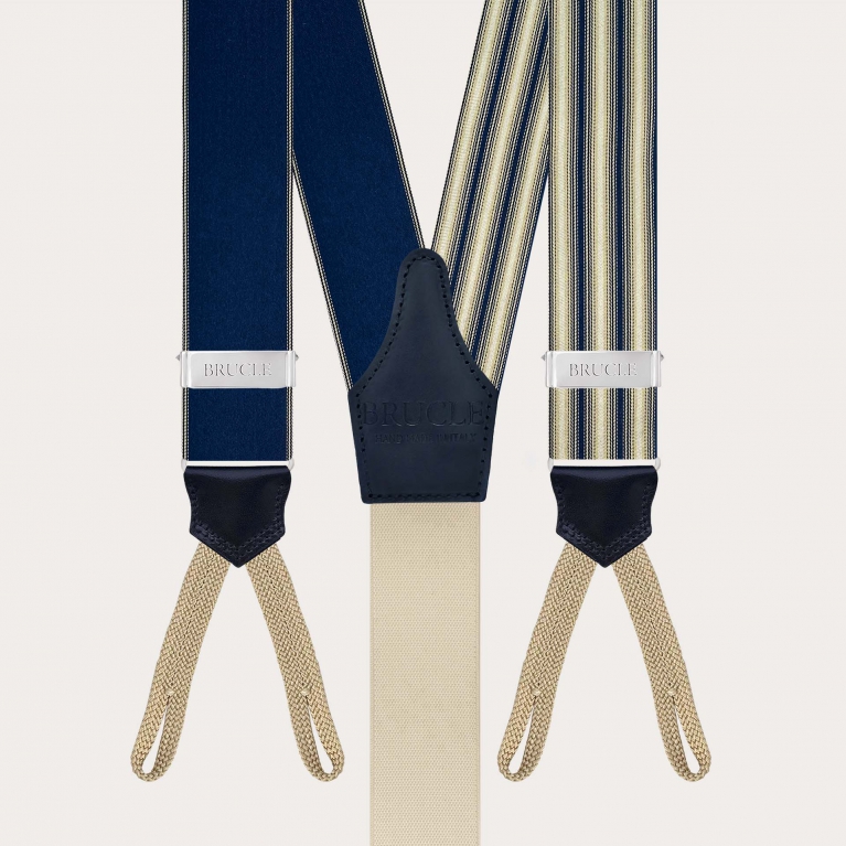 Blue and ivory striped silk suspenders with button loops