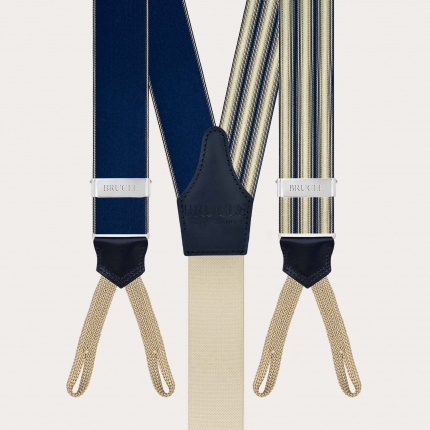 Blue and ivory striped silk suspenders with button loops