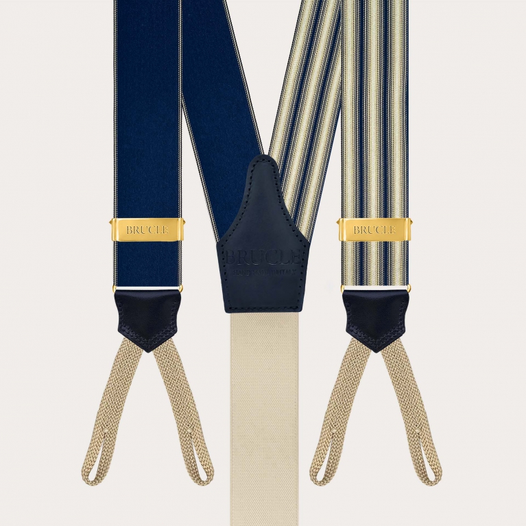 Blue and ivory striped silk suspenders with button loops and gold metal parts