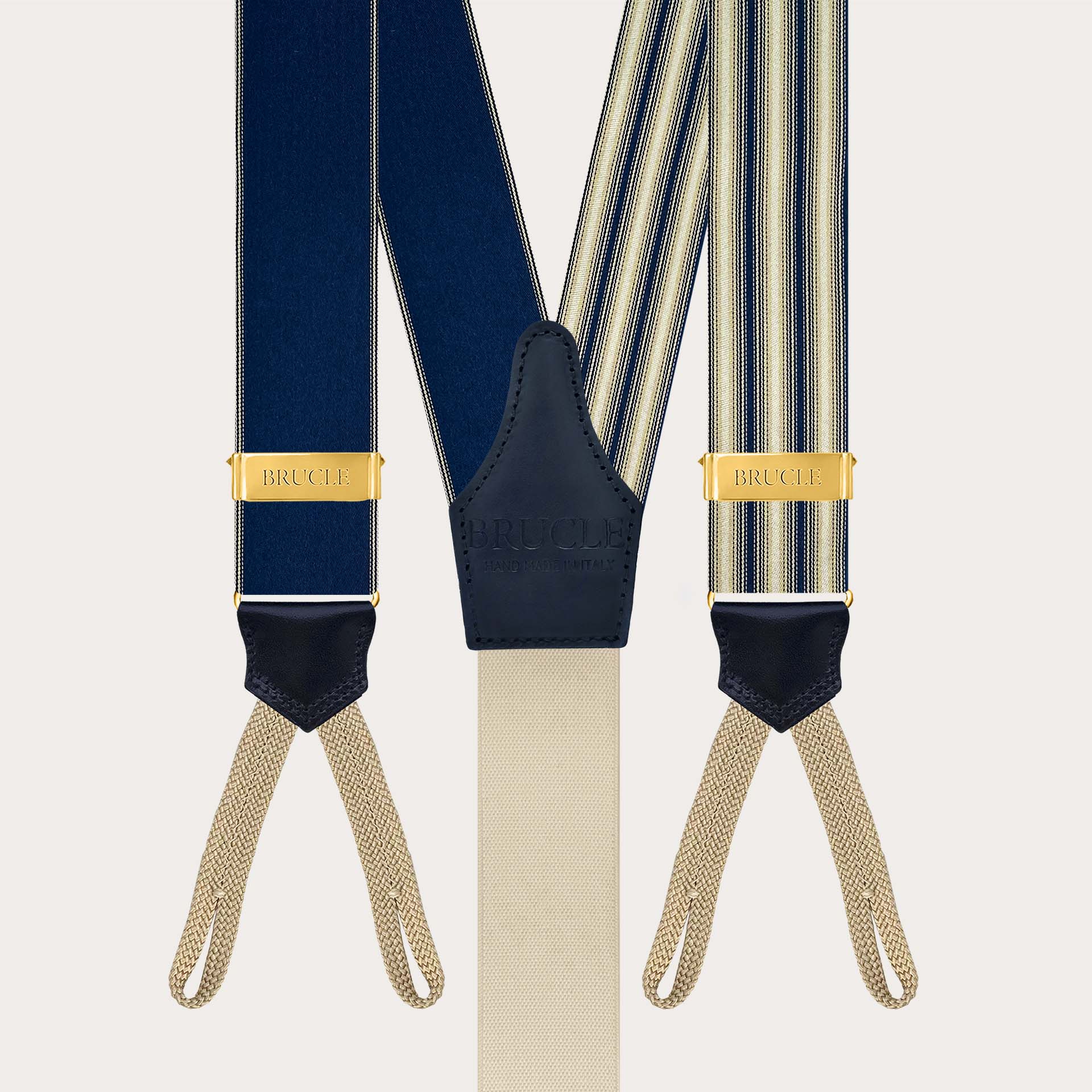 Blue and ivory striped silk suspenders with button loops and gold metal parts