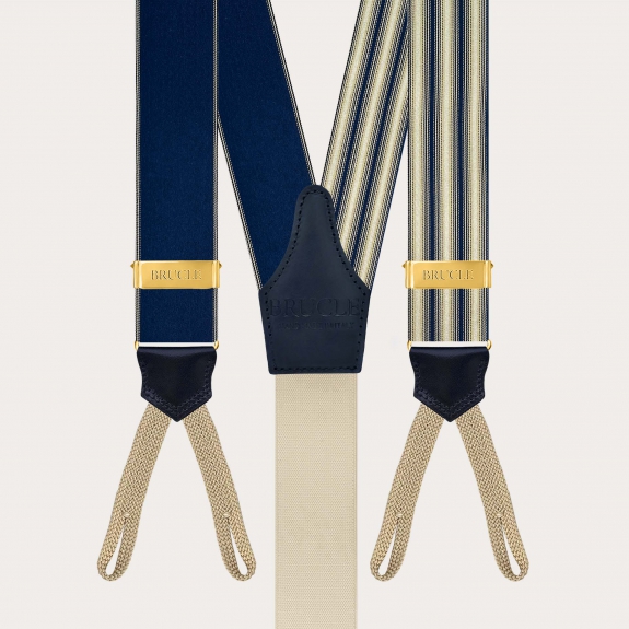 Blue and ivory striped silk suspenders with button loops and gold metal parts
