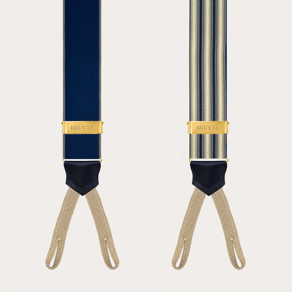 Blue and ivory striped silk suspenders with button loops and gold metal parts