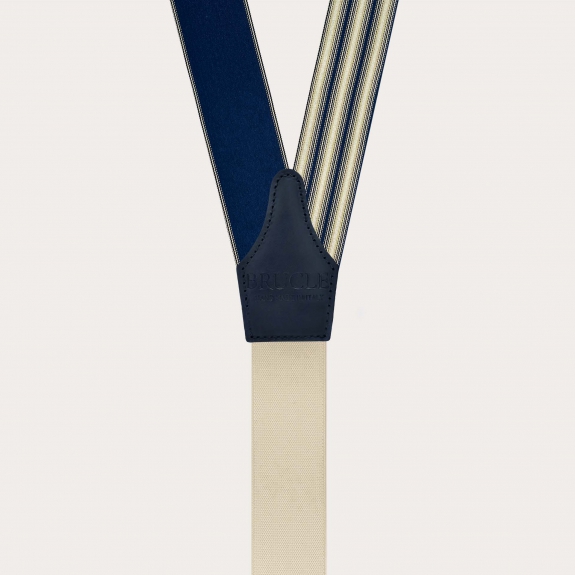 Blue and ivory striped silk suspenders with button loops and gold metal parts