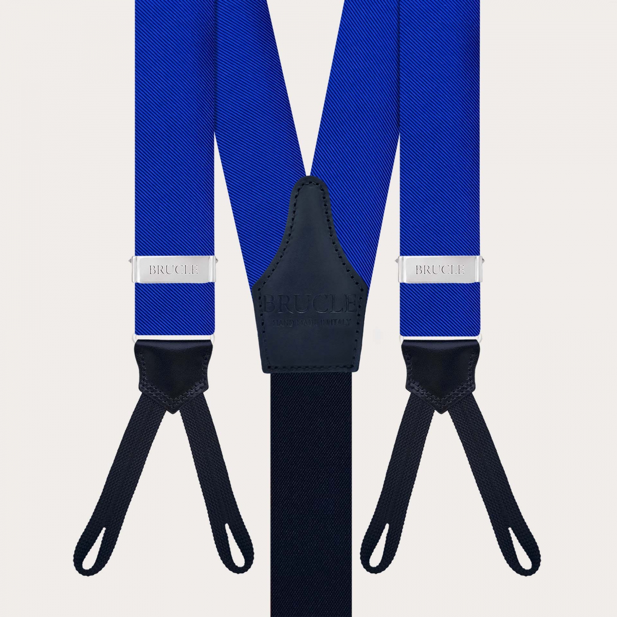 Bretelle blu royal in seta con asole per bottoni