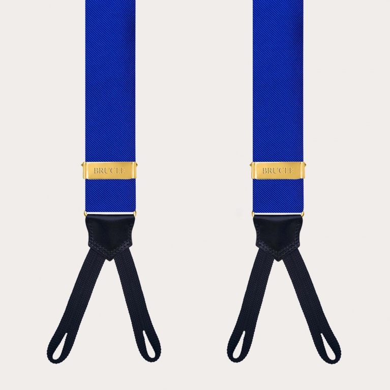 Royal blue silk suspenders with button loops