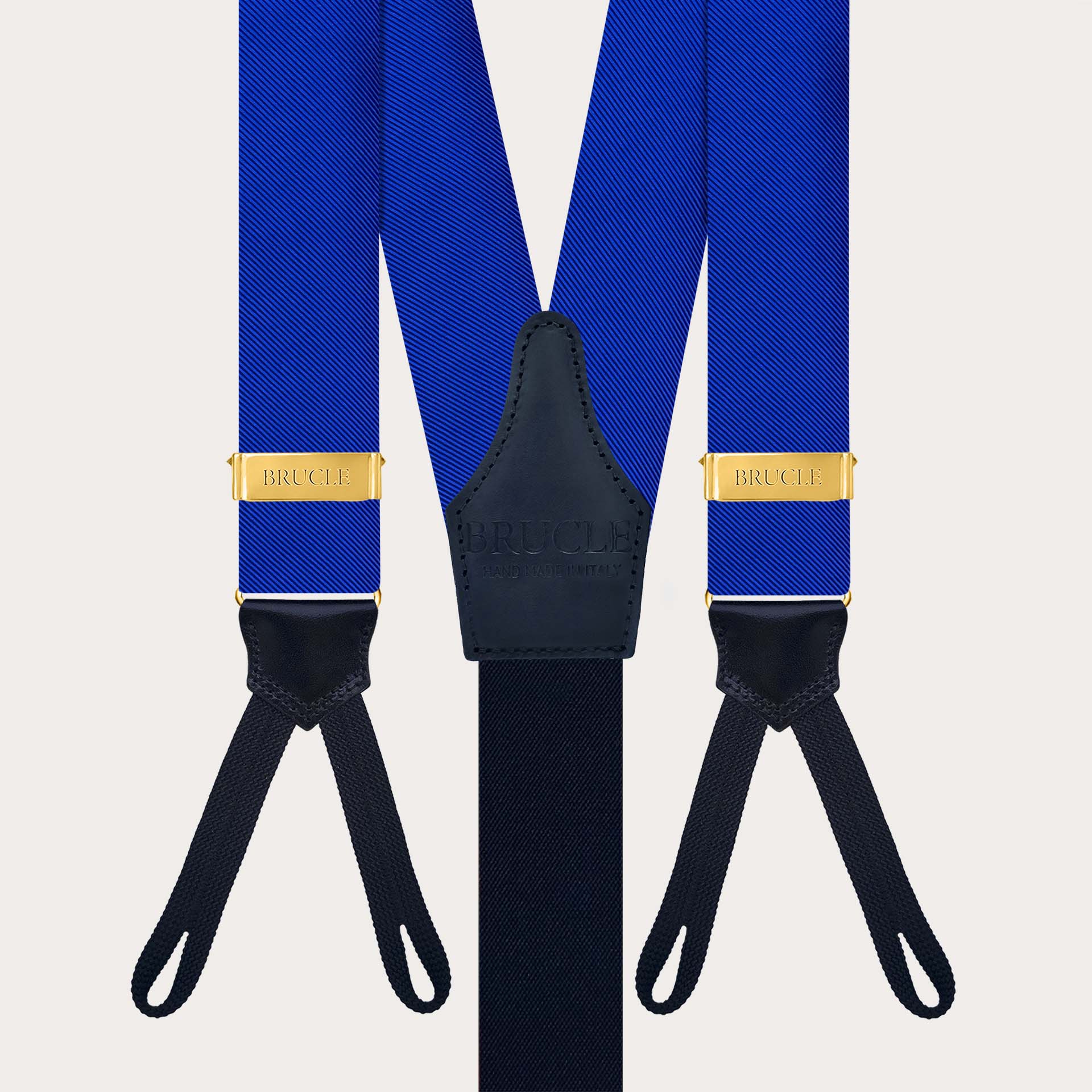 Bretelle in seta blu royal con asole per bottoni e regolatori oro