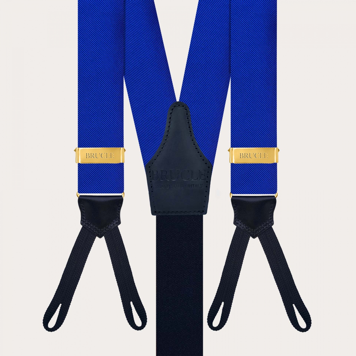 Bretelle in seta blu royal con asole per bottoni e regolatori oro