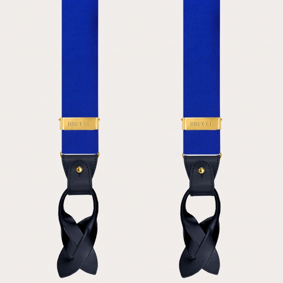 Men’s royal blue silk suspenders dual use with gold clips