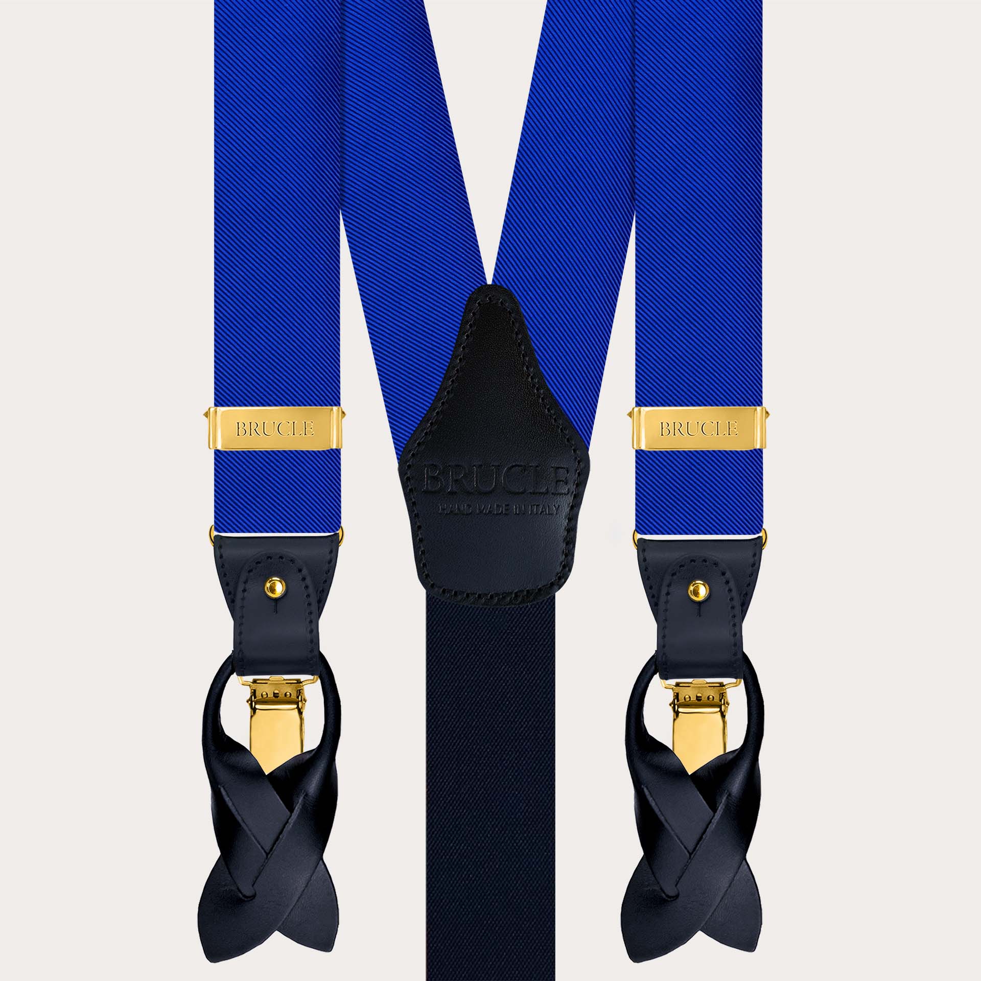 Men’s royal blue silk suspenders – dual use with gold clips