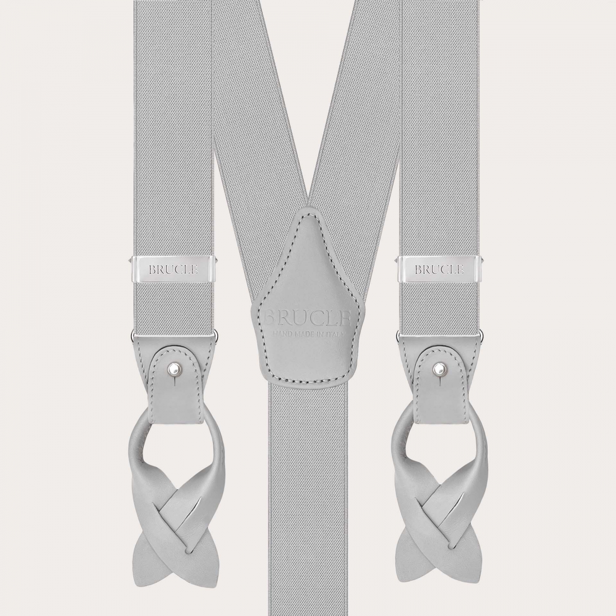 Light grey elastic suspenders for buttons or clips